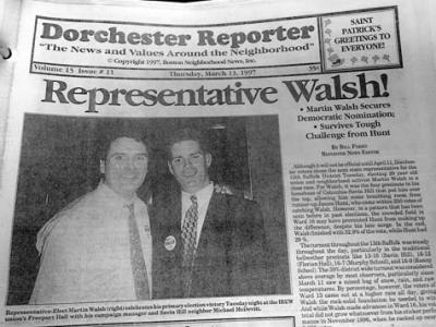 We Knew Him When: The cover of the March 13, 1997 Reporter carried news of Martin J. Walsh's special election victory. Shown with him is campaign manager Michael McDevitt. Photo by Bill Forry